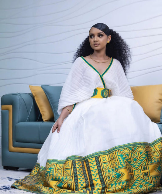 Modern Habesha Kemis with Green Tibeb – Stylish Ethiopian Dress