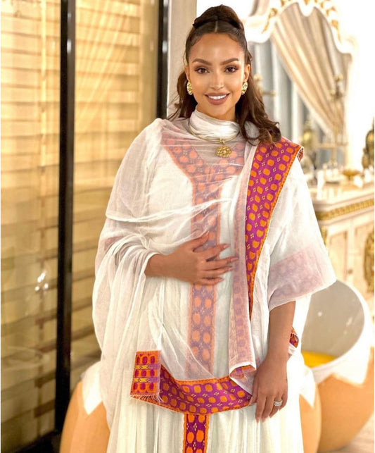 Vibrant Habesha Kemis with Red Tibeb – Modern Ethiopian Dress