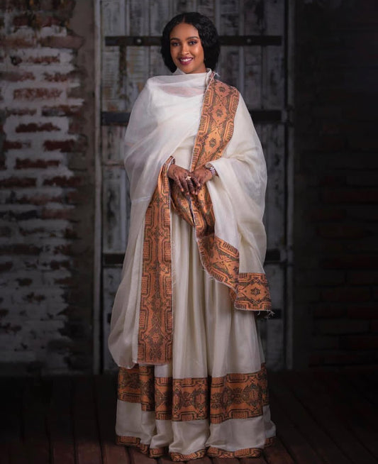 Colorful Habesha Dress with Orange Tibeb – Handmade Ethiopian Dress for Celebrations