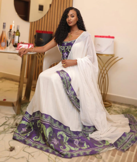 Elegant Habesha Dress – Ethiopian Kemis with Purple & Green Tibeb Embroidery