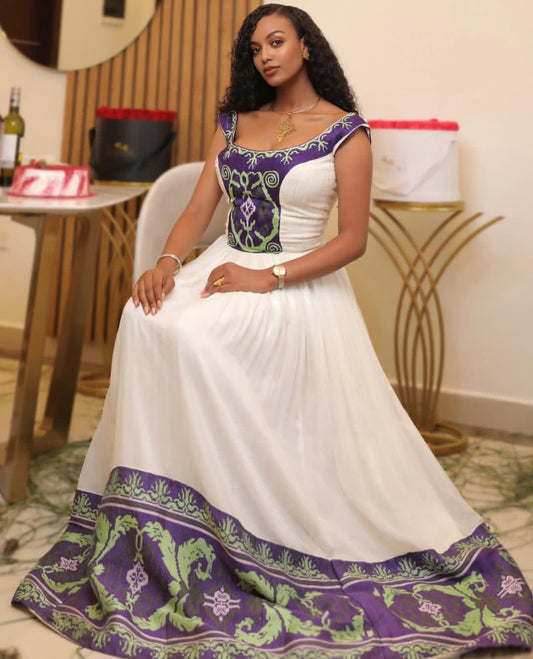 Elegant Habesha Dress – Ethiopian Kemis with Purple & Green Tibeb Embroidery