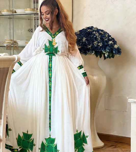 Traditional Ethiopian Dress with Green Tibeb – Authentic Handwoven Habesha Kemis