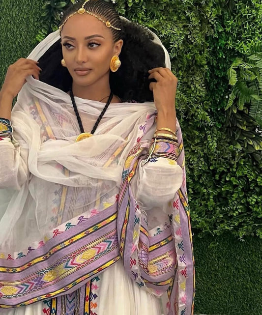 Vibrant Ethiopian Dress –white Habesha Kemis with Purple Tibeb