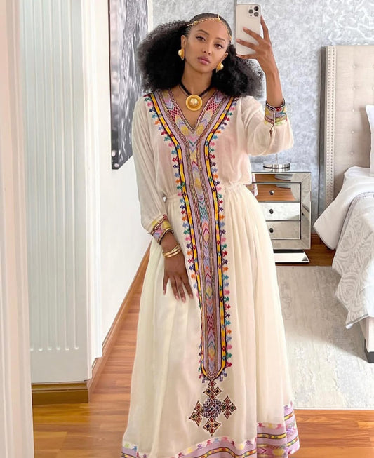 Vibrant Ethiopian Dress –white Habesha Kemis with Purple Tibeb