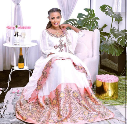 Elegant Ethiopian Wedding Dress – White Habesha Kemis with Pink Tibeb