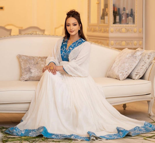 Serene Habesha Kemis with Blue Tibeb – Authentic Ethiopian Wedding Dress