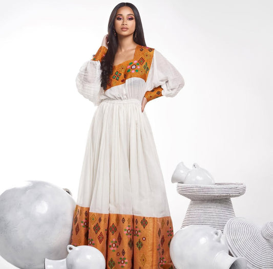 Classic Ethiopian Dress with Orange Tibeb – Handcrafted Habesha Kemis