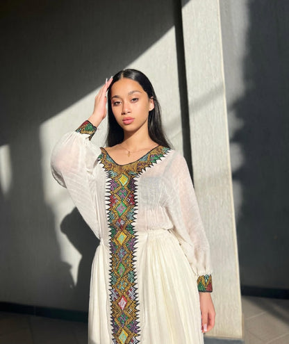 Dazzling Habesha Dress with Multi-color Tibeb – Ethiopian Cultural Gown