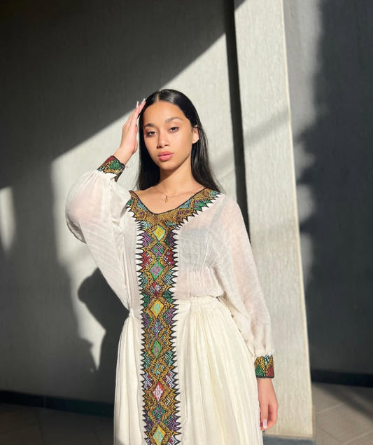 Dazzling Habesha Dress with Multi-color Tibeb – Ethiopian Cultural Gown