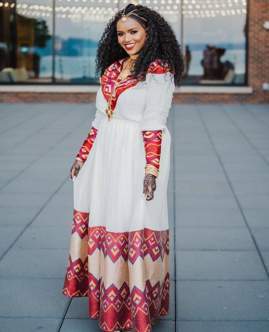 Simple Habesha Dress with Red Tibeb – Ethiopian Wedding Dress