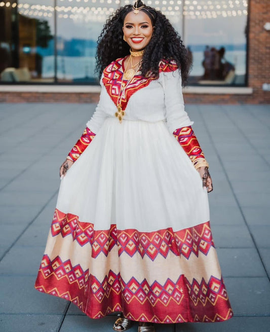 Simple Habesha Dress with Red Tibeb – Ethiopian Wedding Dress
