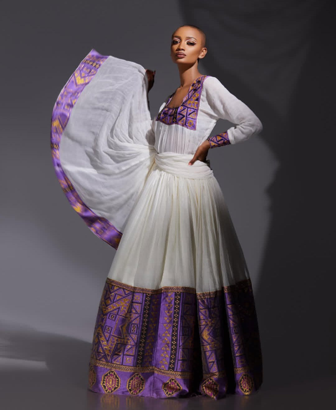 Striking Habesha Dress – Ethiopian Kemis with Purple Geometric Tibeb