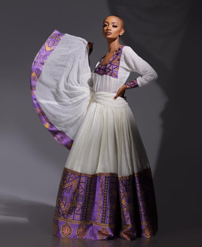 Striking Habesha Dress – Ethiopian Kemis with Purple Geometric Tibeb