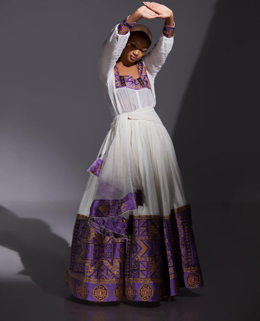 Striking Habesha Dress – Ethiopian Kemis with Purple Geometric Tibeb