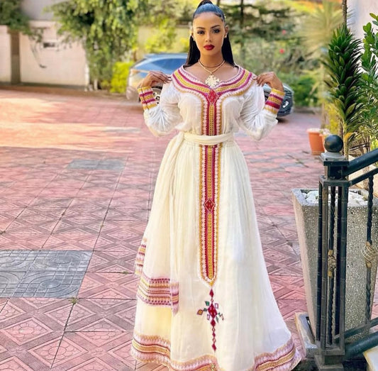 Festive Habesha Kemis – White Ethiopian Dress with Pink  Tibeb Design