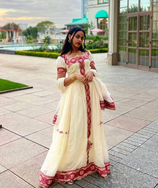 Elegant Habesha Dress – Classic Ethiopian Kemis with Rich Dark Red Tibeb