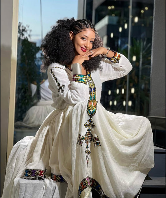 Colorful Habesha Dress with Multicolor Cross Tibeb – Handmade Ethiopian Dress