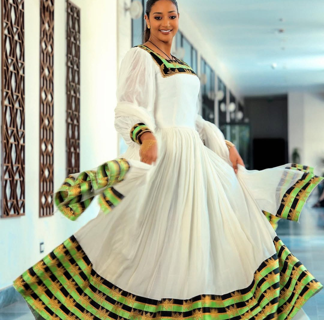 Modern Habesha Kemis with Green  Tibeb – Stylish Ethiopian Dress
