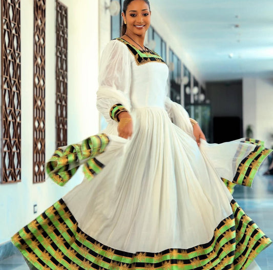 Modern Habesha Kemis with Green  Tibeb – Stylish Ethiopian Dress
