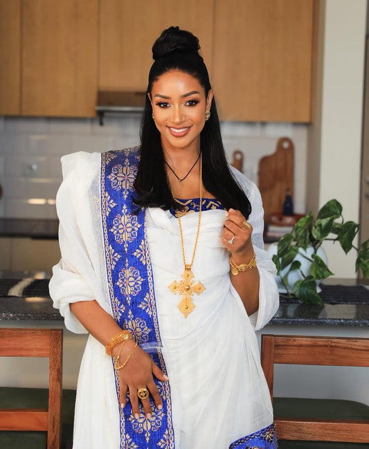 Elegant Ethiopian Dress with Blue Tibeb – Cultural Habesha Dress for Shimglina & Events
