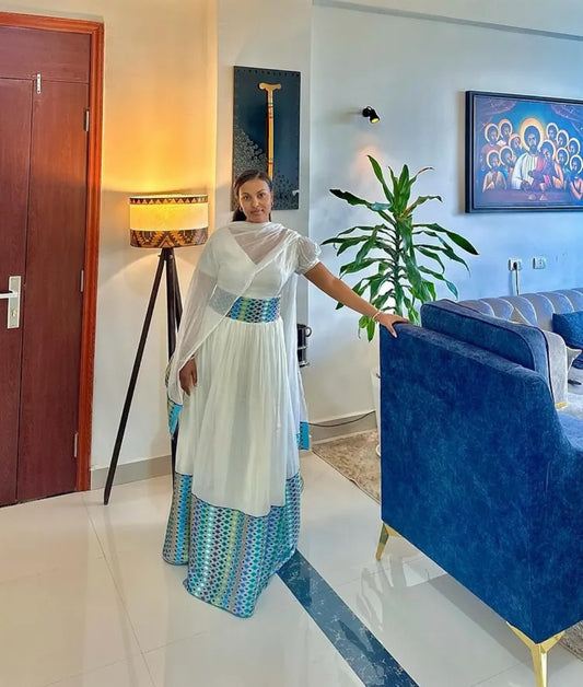 Classic Habesha Kemis with Blue Tibeb – Authentic Ethiopian Dress