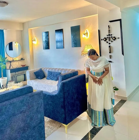 Classic Habesha Kemis with Blue Tibeb – Authentic Ethiopian Dress
