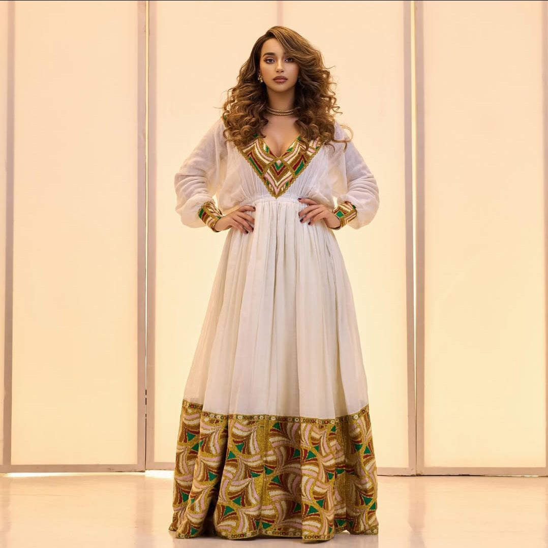 Exquisite Habesha Dress with gold Tibeb – Handwoven Ethiopian Dress