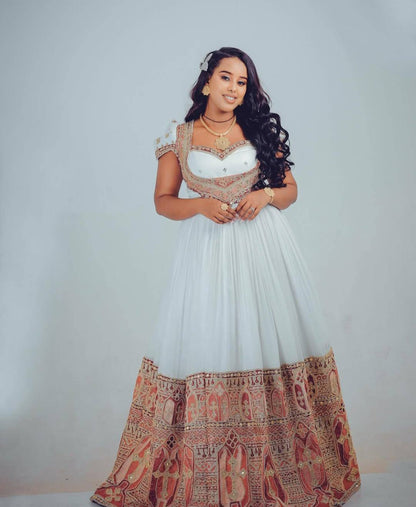 Elegant Wedding Dress with red Tibeb – Ethiopian Traditional Dress