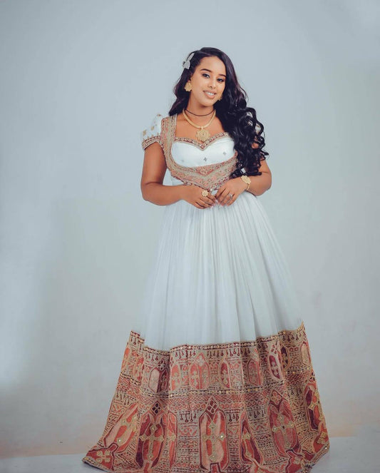 Elegant Wedding Dress with red Tibeb – Ethiopian Traditional Dress