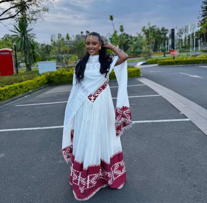 Chic Habesha Dress with purple Tibeb – Modern Ethiopian Traditional Dress