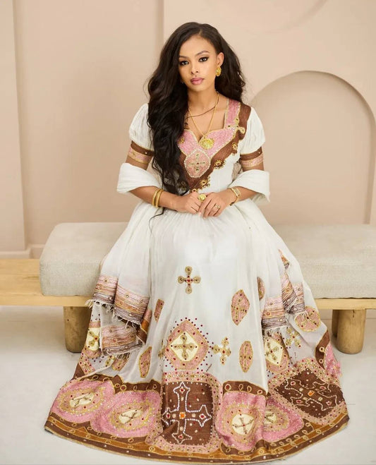 Regal Habesha Kemis with Brown Tibeb – Ethiopian Wedding Dress Style