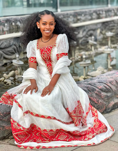 Classic Habesha Dress with Red Tibeb – Authentic Ethiopian Traditional Dress