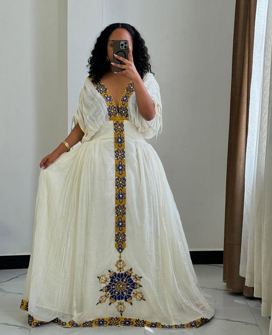 Unique Habesha Dress with Gold Tibeb – Modern Ethiopian Dress