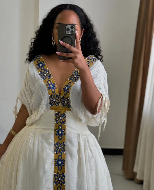 Unique Habesha Dress with Gold Tibeb – Modern Ethiopian Dress