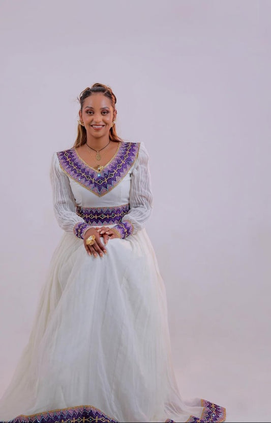 Elegant Ethiopian Dress with Purple Tibeb – Elegant Ethiopian Traditional Kemis