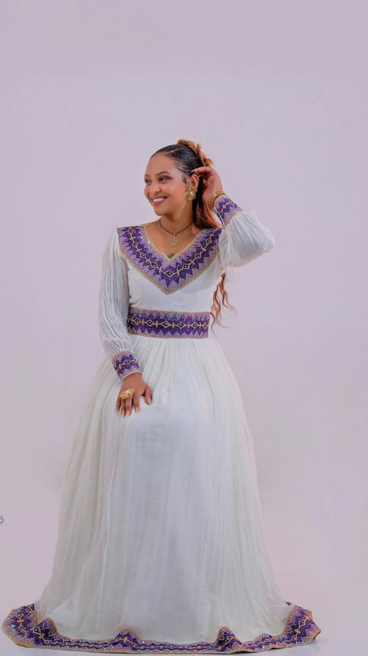 Elegant Ethiopian Dress with Purple Tibeb – Elegant Ethiopian Traditional Kemis