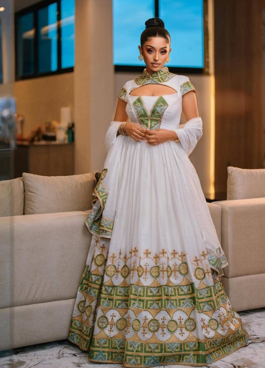 Stunning Habesha Wedding Dress with Green Tibeb – Elegant Ethiopian Bridal Kemis