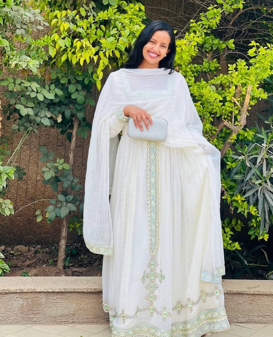 Classic White Ethiopian Dress with Green Tibeb – Authentic Habesha Kemis