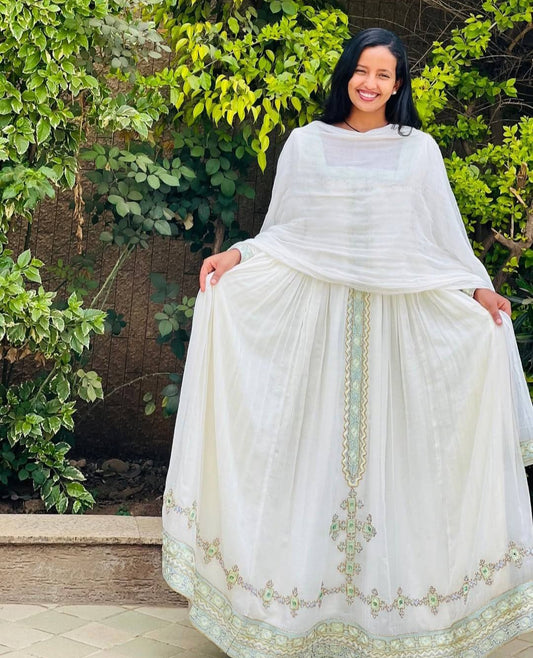 Classic White Ethiopian Dress with Green Tibeb – Authentic Habesha Kemis