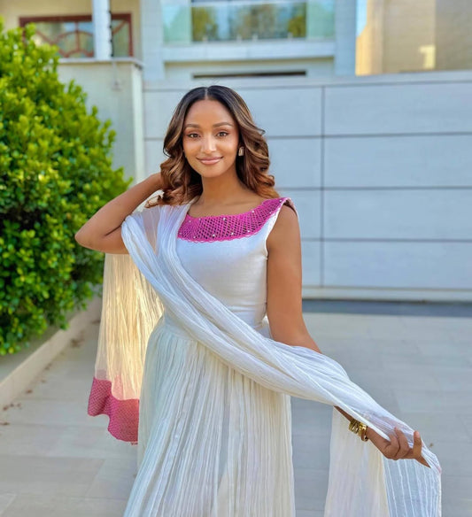 Simple White Habesha Dress with Pink Accents – Casual Ethiopian Kemis & Shawl