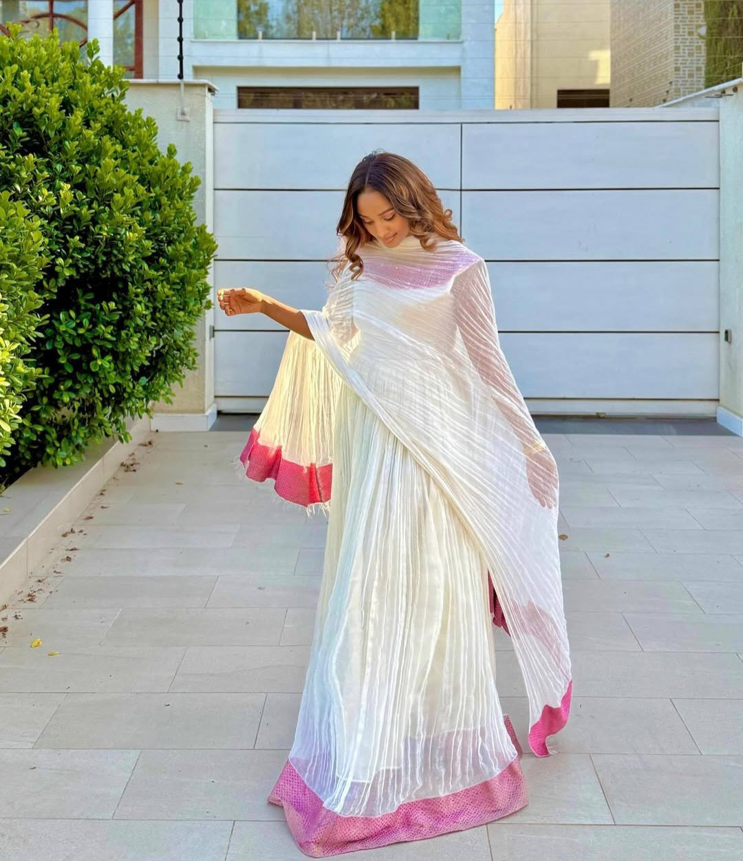 Simple White Habesha Dress with Pink Accents – Casual Ethiopian Kemis & Shawl