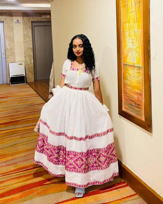 Beautiful white Habesha Wedding Dress with Purple Tibeb – Regal Ethiopian Dress