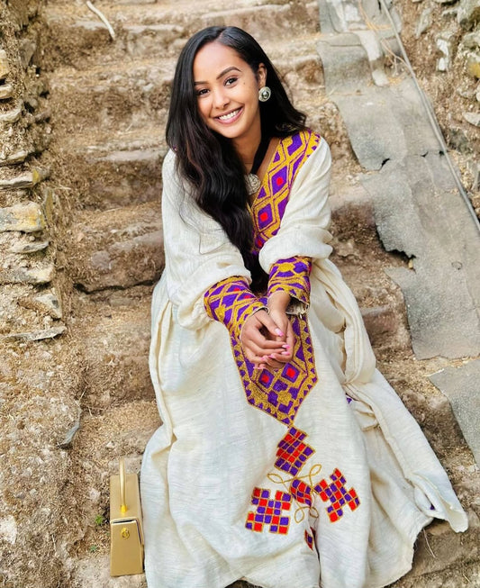 Authentic Gonder Fetel Habesha Dress with Purple Tibeb – Ethiopian Traditional Dress