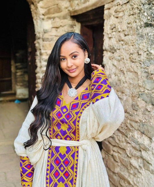 Authentic Gonder Fetel Habesha Dress with Purple Tibeb – Ethiopian Traditional Dress