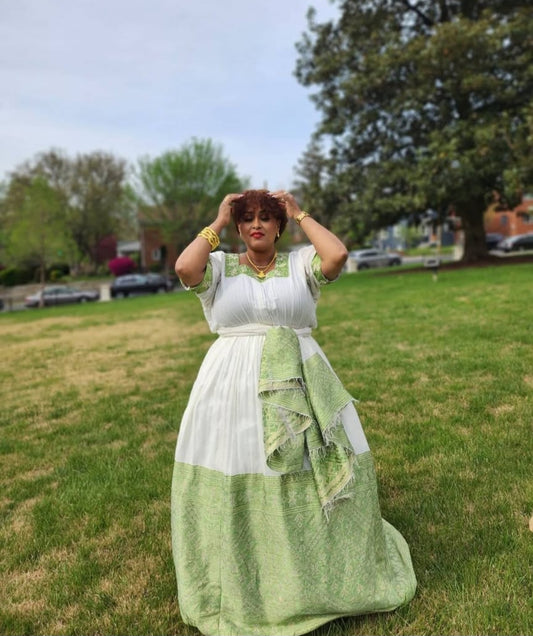 Green & White Habesha Dress – Comfortable Ethiopian Traditional Kemis