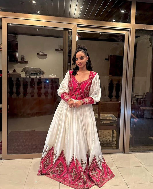 Striking Habesha Dress with Red Embroidery – Ethiopian Wedding Dress