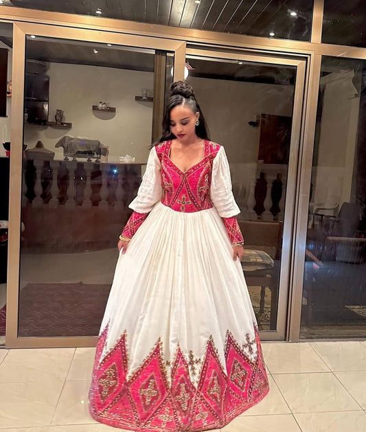 Striking Habesha Dress with Red Embroidery – Ethiopian Wedding Dress