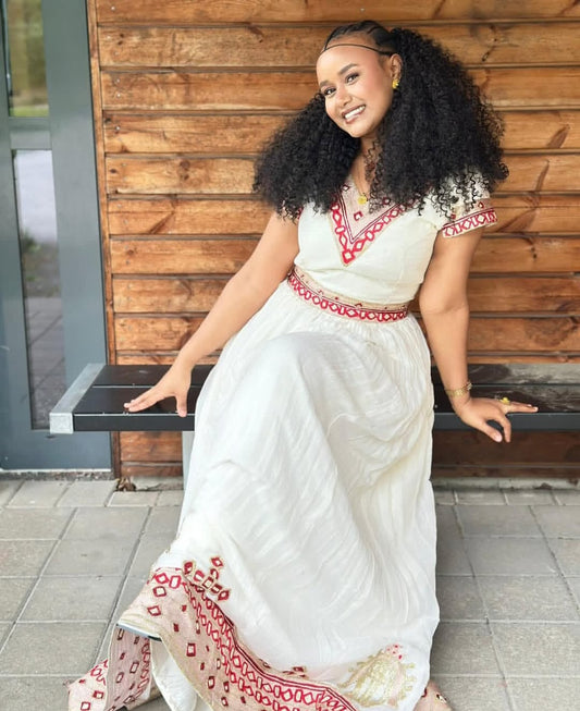 Cheerful Habesha Dress with Red Tibeb – Authentic Ethiopian Traditional Dress