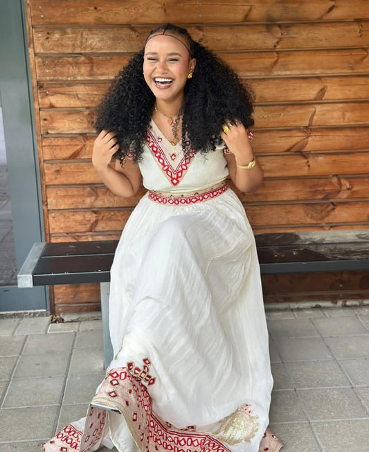 Cheerful Habesha Dress with Red Tibeb – Authentic Ethiopian Traditional Dress