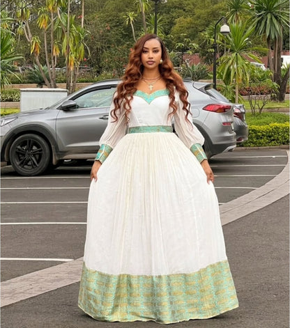 Elegant Ethiopian Dress with Green Tibeb – Classic Habesha Kemis for Women
